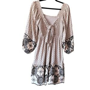 Tribal Femme Mini‎ Dress XS Smocked Tie Front Floral Embroidered Boho